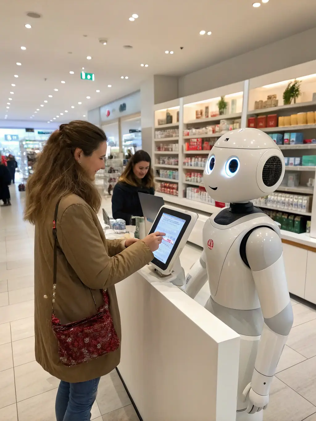 A friendly service robot assisting a customer in a modern retail store, highlighting its helpfulness and efficiency.