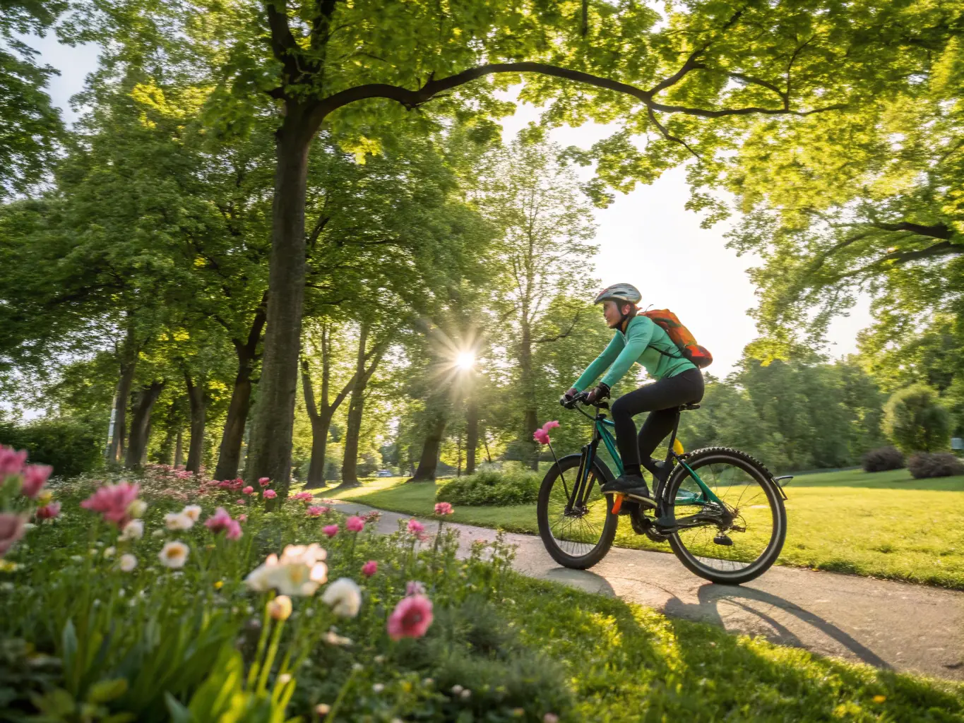 An individual riding an e-bike through a scenic park, highlighting the bike's ease of use and outdoor recreational benefits. The background features lush greenery and a clear path.