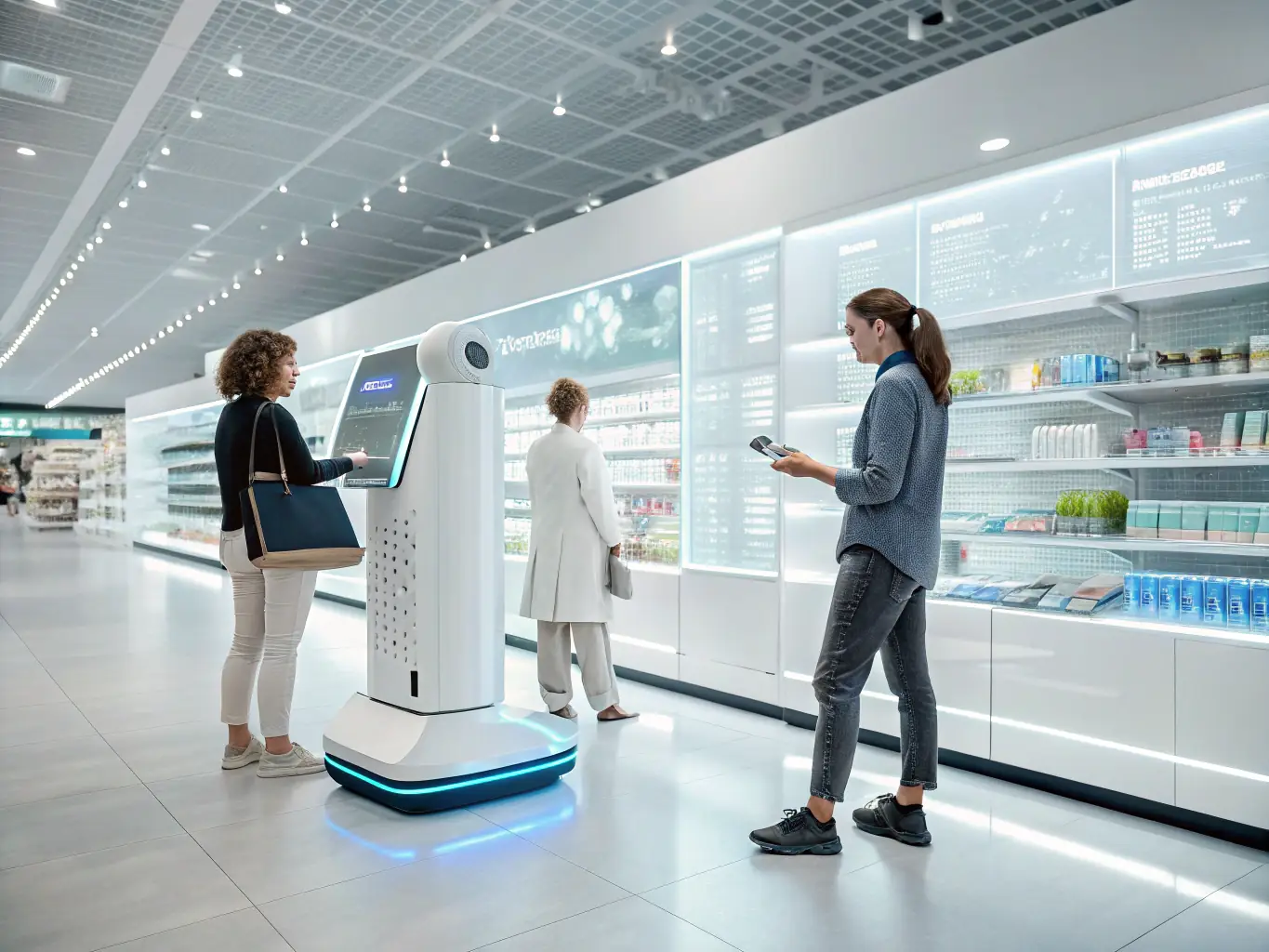 A service robot assisting customers in a modern retail environment, demonstrating its functionality and efficiency. The background includes shelves stocked with products and a clean, organized space.