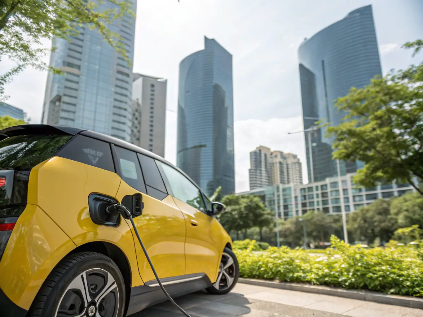 A sleek, modern electric vehicle parked in an urban setting, showcasing its design and eco-friendly appeal. The background includes a cityscape with modern architecture.