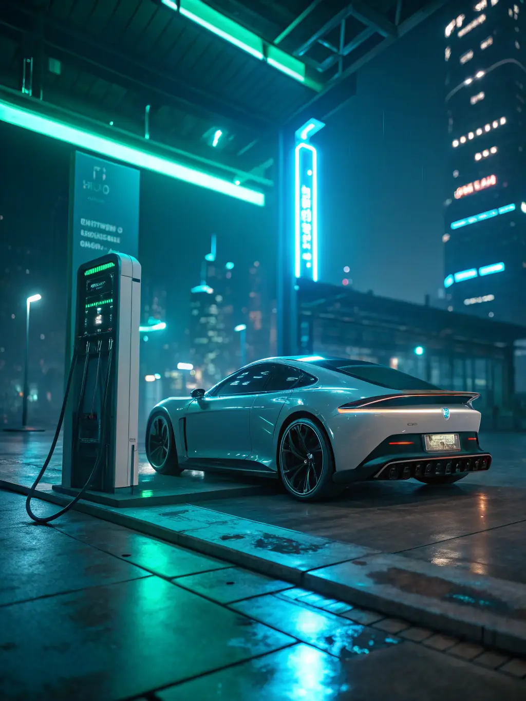 A sleek, modern electric car charging at a public charging station in a futuristic city environment, emphasizing sustainability and innovation.