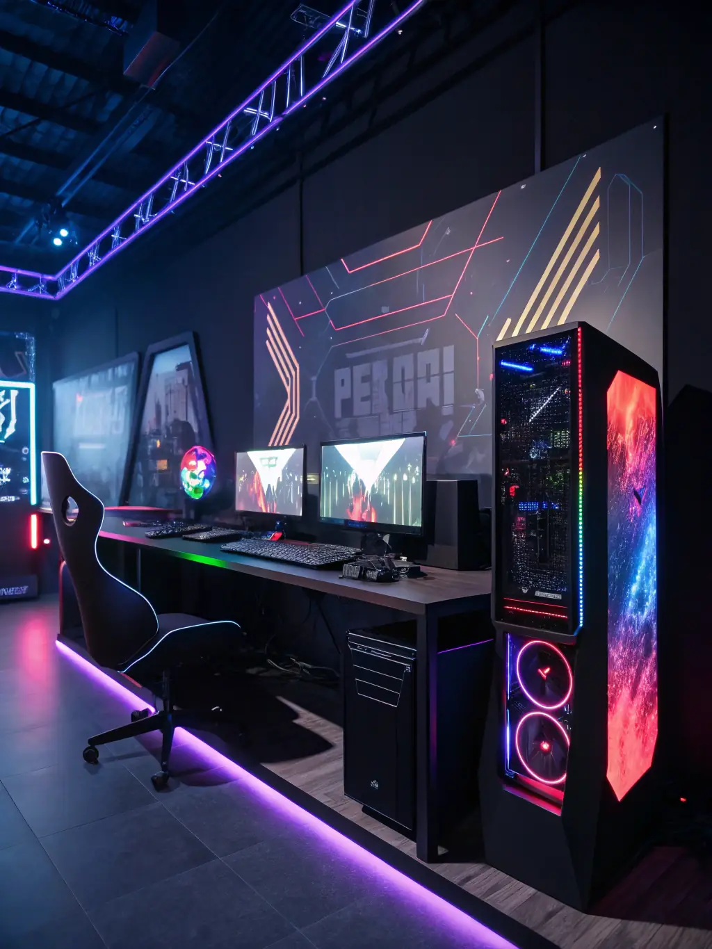 A high-end gaming setup featuring a powerful console, curved monitor, and ergonomic accessories, creating an immersive gaming experience.